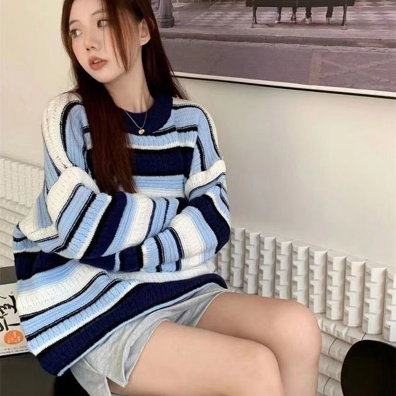 Áo Sweater Cổ Tròn Dáng Rộng Họa Tiết Kẻ Sọc Phong Cách Nhật Bản Thời Trang Thu Đông Mới Cho Nữ