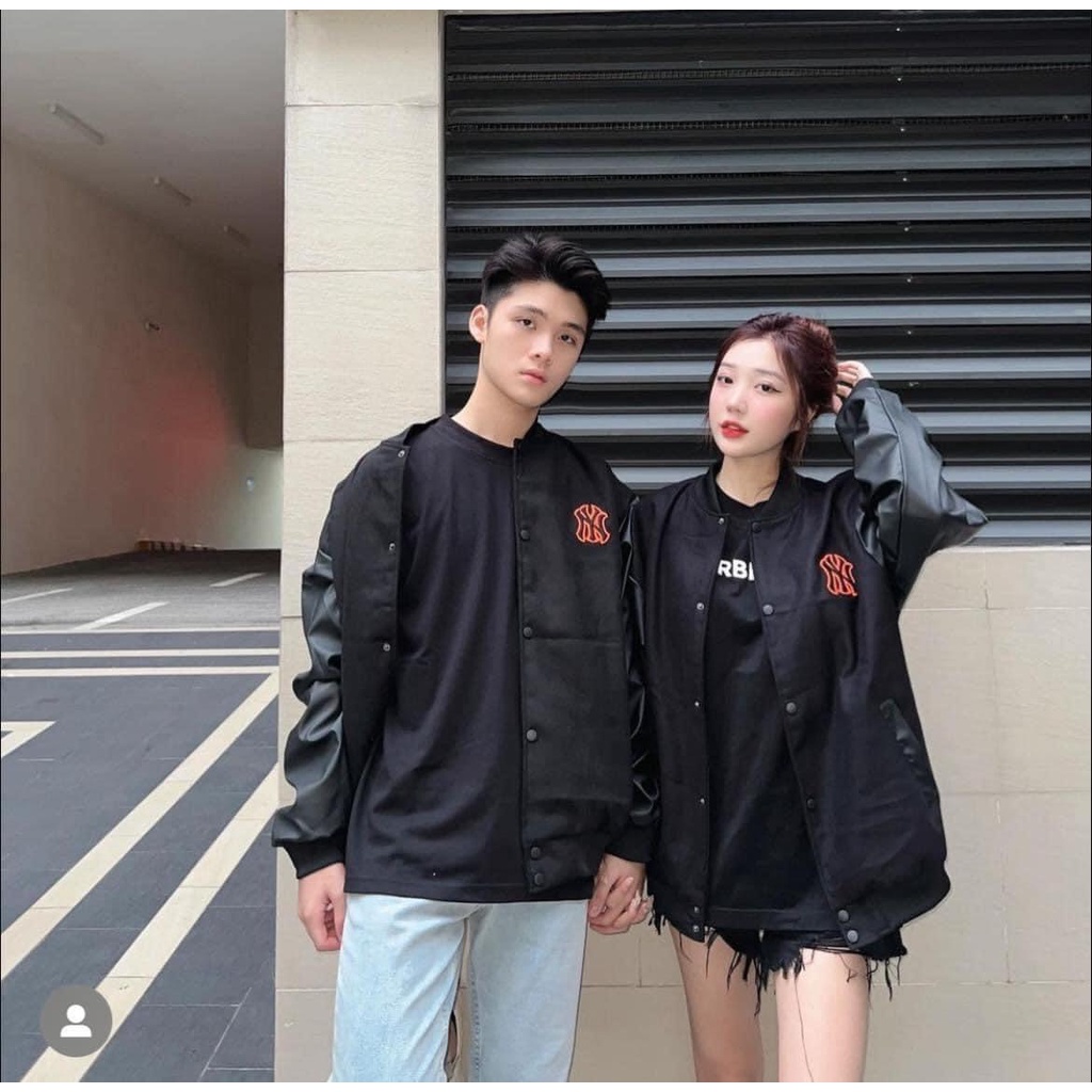 Áo khoác Bomber Varsity M.L.B Ny Thêu Logo Cam form rộng Phối Tay Da