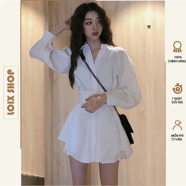 Set áo chân váy kèm đai buộc cách điệu đầm nữ trắng tiểu thư sang chảnh LOIX mã 044