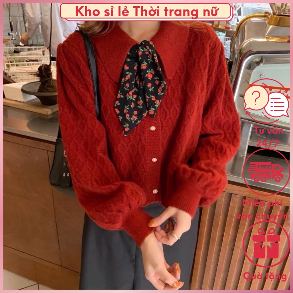 Áo len nữ tay dài cổ bẻ cúc ngọc hàng Quảng Châu chất liệu dày dặn co giãn tốt, áo mùa đông nữ form rộng dáng ngắn 2460