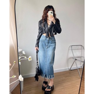 Chân váy midi jeans line tua rua