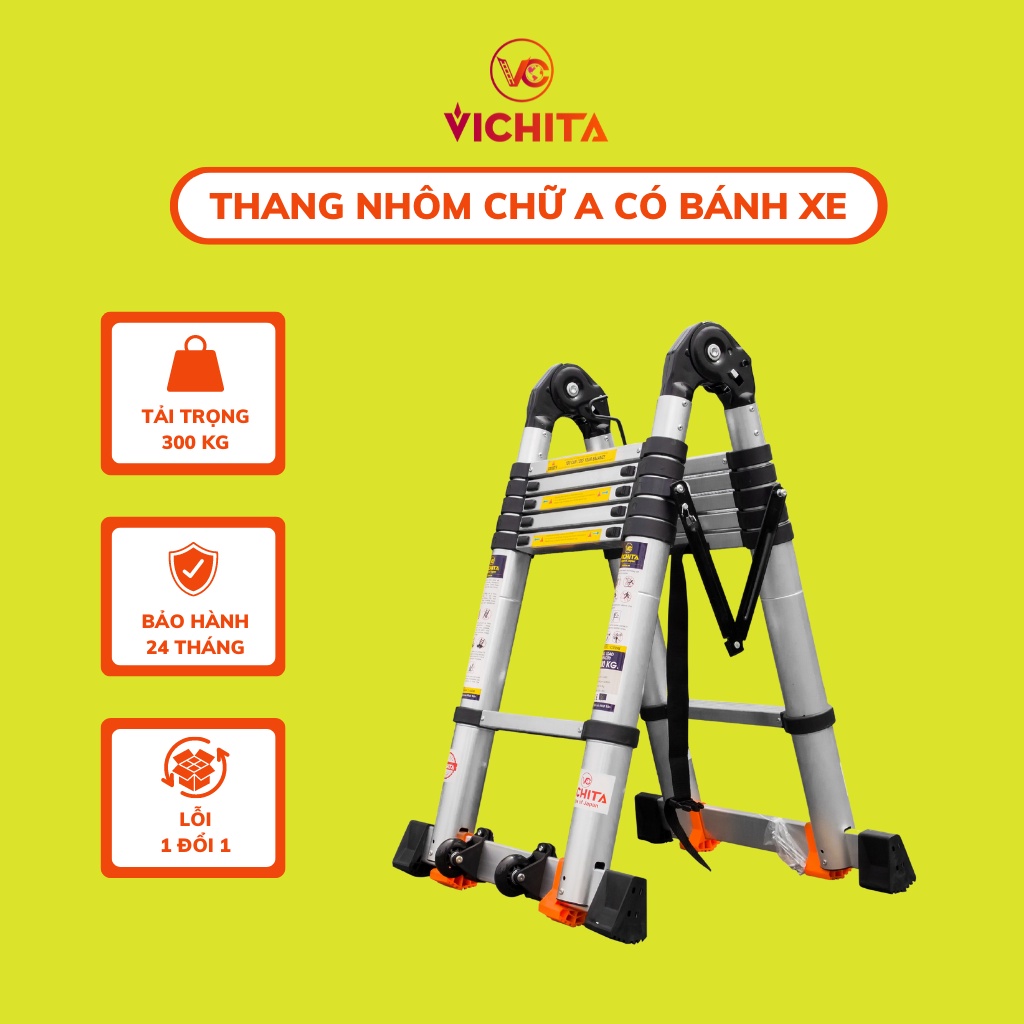 Thang Nhôm Rút Chữ A VICHITA - 3M8 - 4M4 - 5M - 5M6 - 6M4 - Có Bánh Xe, Thanh Giằng Chống Rung Lắc