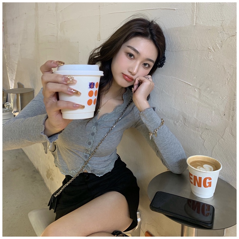 Áo Thun Dệt Kim Tay Dài Phối Ren Thiết Kế Mới Thời Trang Mùa Thu Cho Phái Nữ