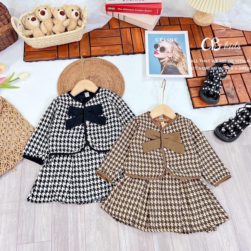Váy bé gái chất dạ kẻ karo váy ghi lê và áo khoác lửng nơ ngực bản to (10-20kg)