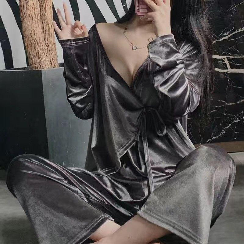 Bộ Đồ Ngủ Tay Dài Chất Nhung Phong Cách Kimono Nhật Bản Thời Trang Thu Đông Quyến Rũ Cho Nữ