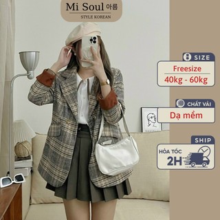 Áo khoác Blazer dạ kẻ 2 lớp ulzzang Hàn Quốc, thiết kế cổ tay da lộn sang trọng trẻ trung
