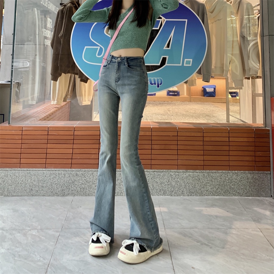 kumikumi Quần jeans Nữ Dài Lưng Cao Ống Loe Màu Sắc Retro