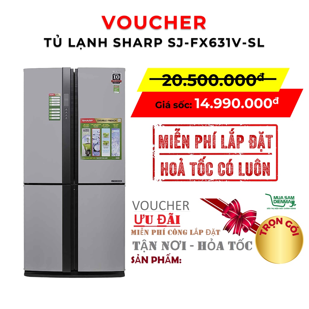 [Voucher Lắp Đặt Hỏa Tốc Miễn Phí] Tủ Lạnh Inox Sharp 4 Cánh Cửa 626L SJ-FX631V-SL SJ-FX630V-ST Inverter Làm Lạnh Kép