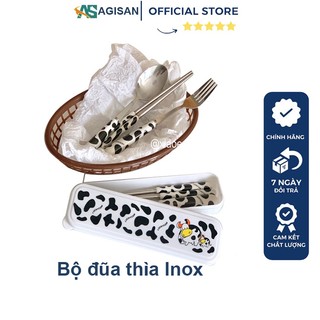 [1 TẶNG 1] Bộ thìa dĩa bằng inox 304 có hộp đựng họa tiết bò sữa shop AGISAN