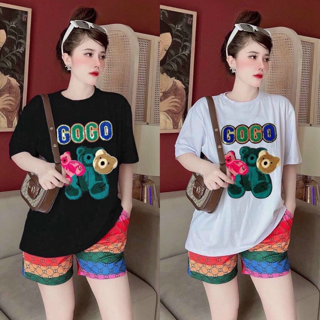 [11.11 Sale Freeship] Set bộ đùi thời trang nữ,set bộ áo thun in chữ hình gấu tay ngắn kèm quần đùi nhiều màu in họatiết