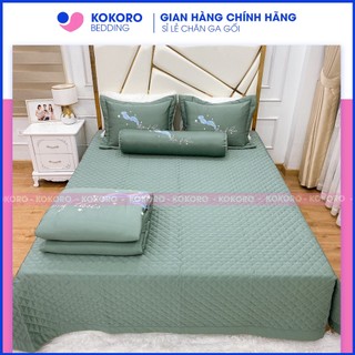 Bộ chăn ga gối lụa trần bông kokoro-bedding, bộ 5 món vỏ chăn trần bông drap giường phủ hoặc bo chun, 2 vỏ gối nằm