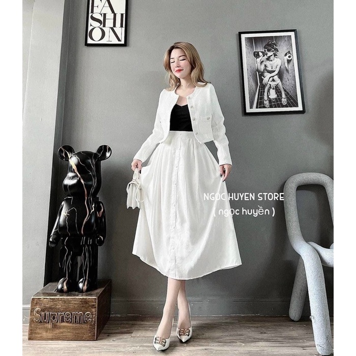 Set 3 món nữ set áo crop đen+ áo khoác đính nút tay dài+ chân váy trắng dài lên dáng tiểu thư sang chảnh