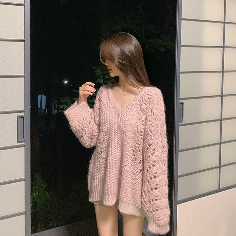 Jiashuchengv Áo Sweater Dáng Rộng Khoét Lỗ Rỗng Phong Cách Xuân Thu Mới Dễ Phối Đồ Cho Nữ