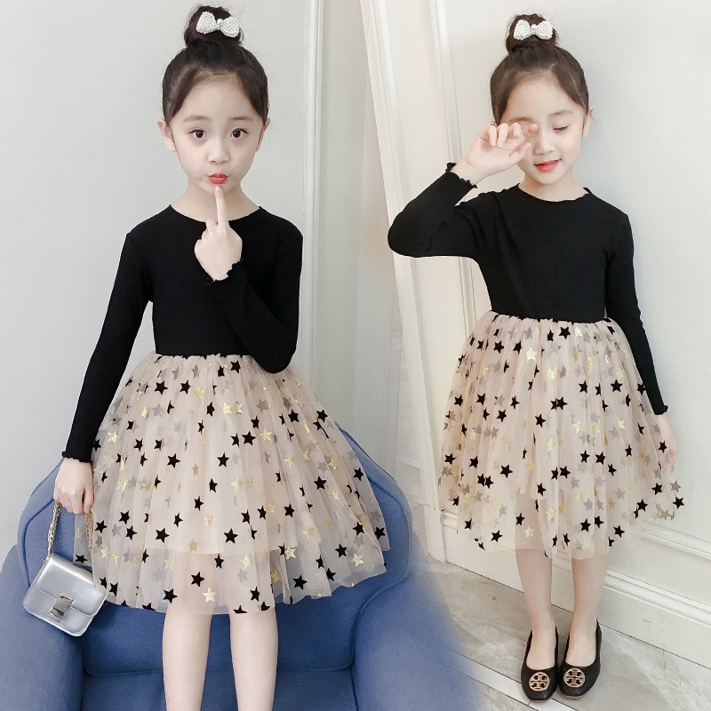 Đầm Dài Tay Đính Kim Sa Hình Ngôi Sao Thời Trang Thu Đông Cho Bé Gái