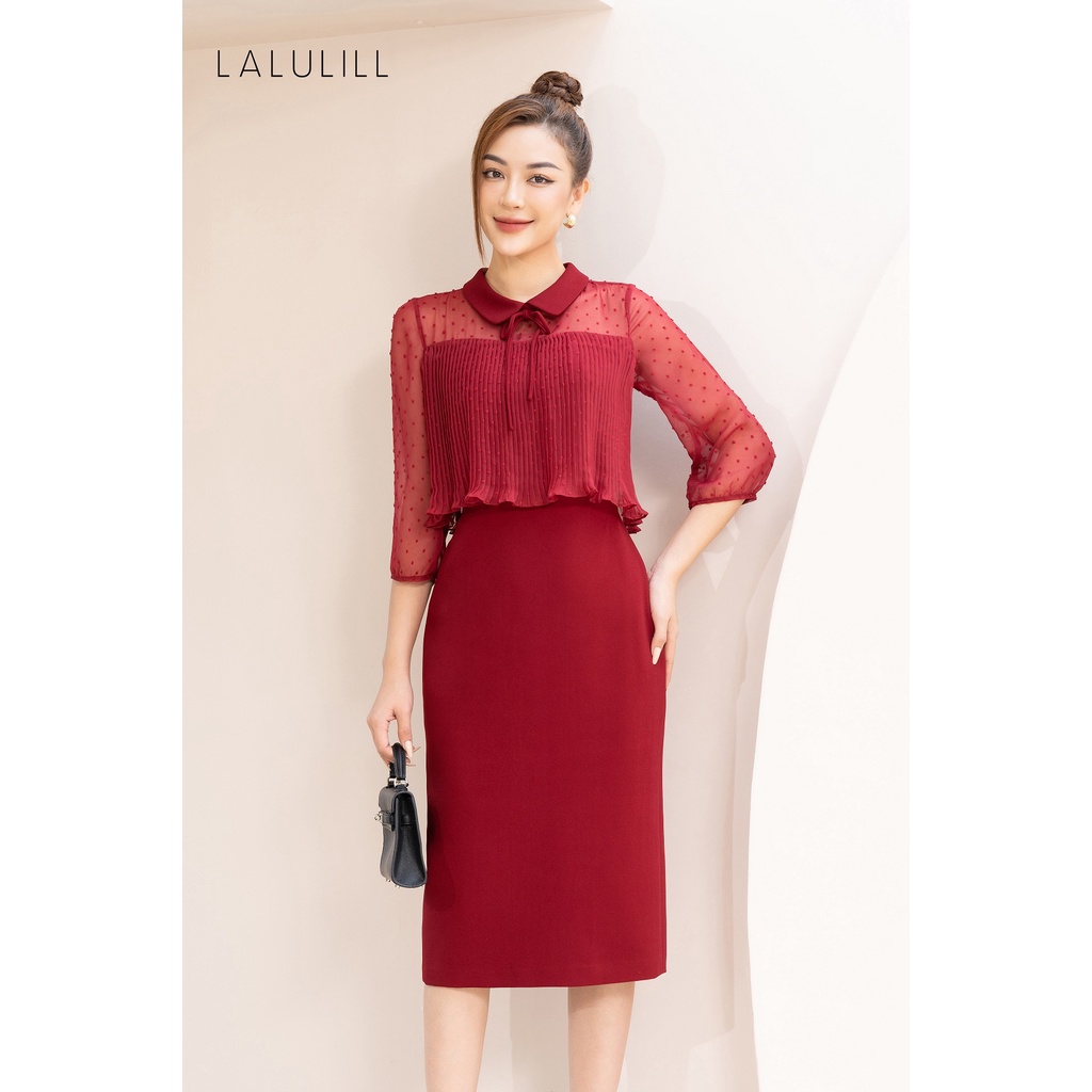 Đầm công sở nữ hai lớp LALULILL dáng ôm cổ sen thân trên phối cape ngực dập nhăn LDL226230