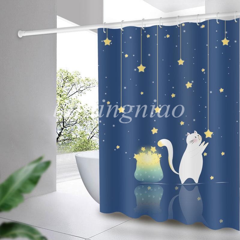 120g /㎡Rèm Che Bồn Tắm / Nhà Bếp Bằng Polyester Chống Nước In Hình Mèo Và Ngôi Sao