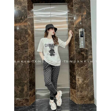 [11.11 Sale Freeship] Set bộ thun nữ,set bộ áo cổ tròn tay  in hình gấu chữ mix quần kẻ caro có túi ống túm xinh xắn mtb