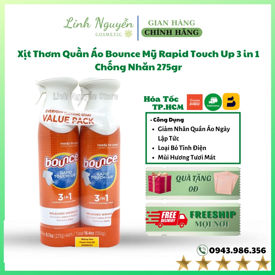 Xịt Thơm Quần Áo Bounce Mỹ Rapid Touch Up 3 in 1 Chống Nhăn 275gr
