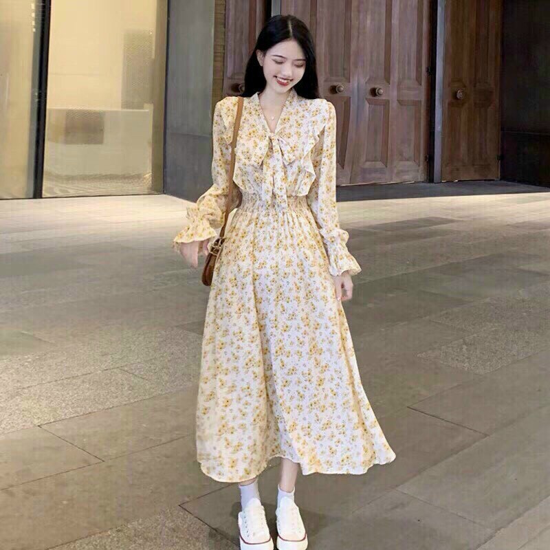 (FreeShip 2022) Đầm tiểu thư dáng xòe,đầm hoa nhí tay dài phồng cột nơ,tone màu dễ mặc diện đi đâu cũng xinh