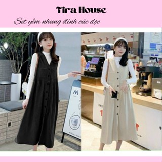  Váy yếm dệt kim 3 màu đen nâu be mix áo dài tay cổ lọ mùa đông set yếm nhung đính cúc dọc SYC1710 Tirahouse 