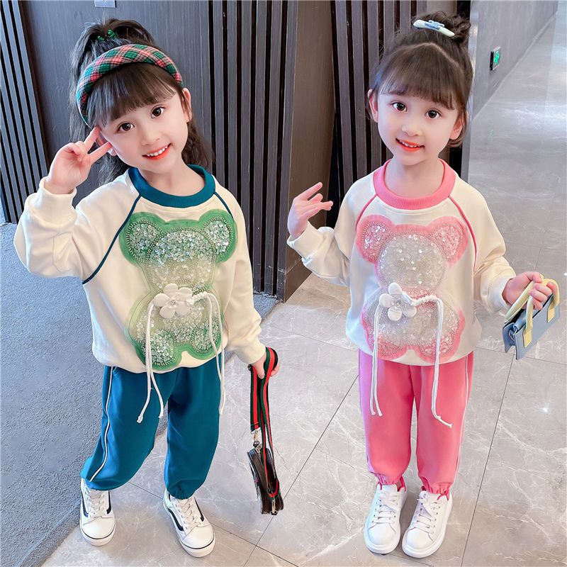 Set Áo Tay Dài Hình Gấu Và Quần Dài Đính Kim Sa Thời Trang Mùa Thu Cho Bé Gái