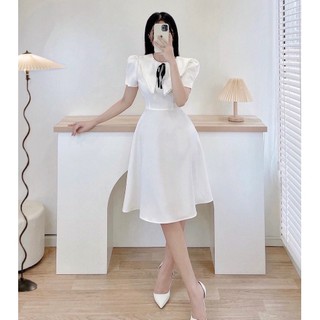 Đấm váy thiết kế phối cổ trắng ren nơ đen