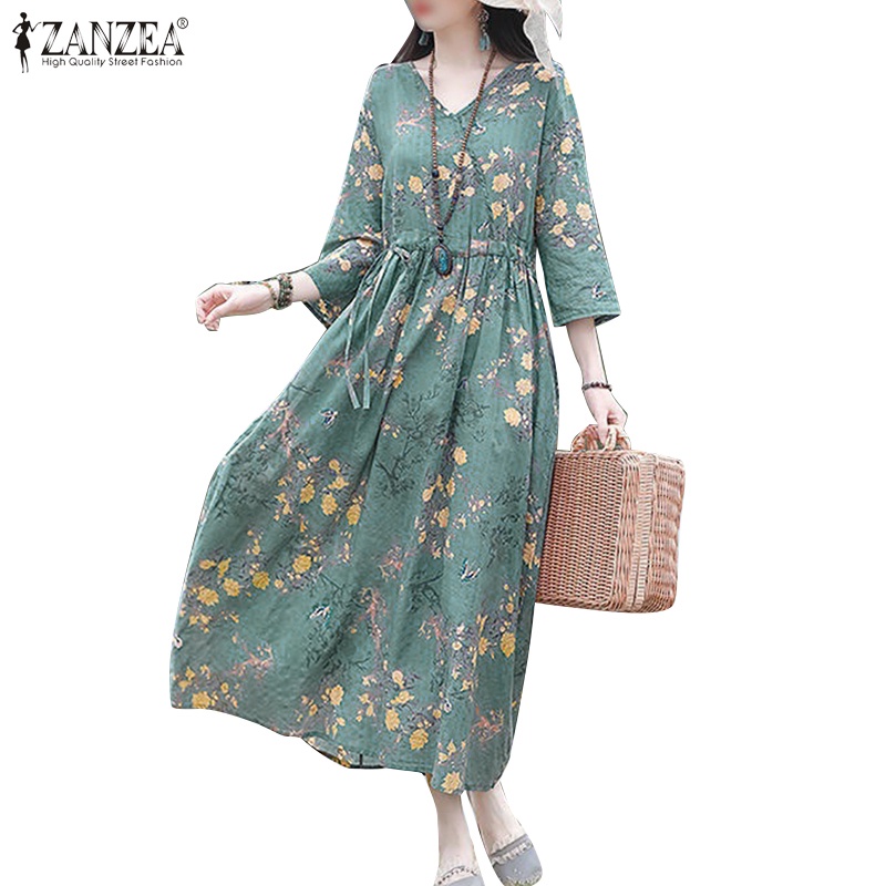Đầm maxi ZANZEA dáng chữ A vải lanh cotton tay 3/4 cổ chữ V in hoa thời trang cho nữ