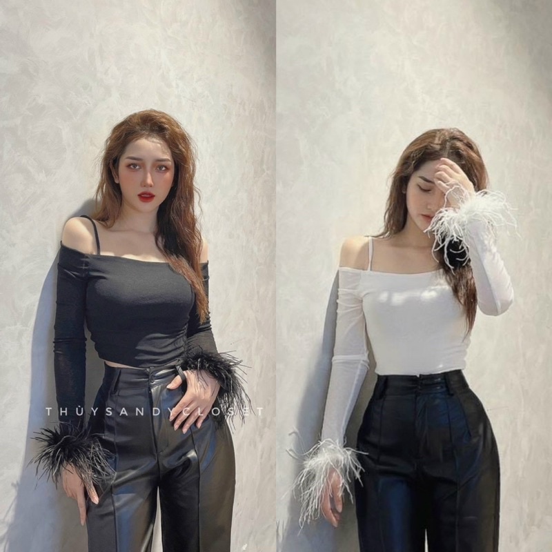 Áo Dây Kiểu Trễ Vai Tay Dài Phối Lông Vũ Dáng Croptop
