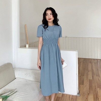 YU CHERRY | Đầm midi nữ cổ tròn, dáng dài, tay ngắn, thun quấn eo kiểu dáng cổ điển Midi Dress YD124