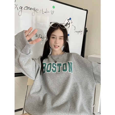 Áo sweater BOSTON freesize Unisex - Áo nỉ cổ tròn form rộng tay bo bồng dáng thụng cá tính