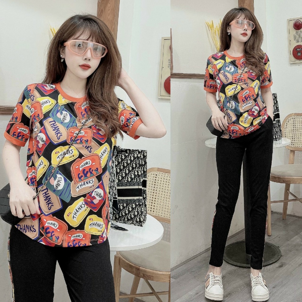 Đồ Bộ Dài Form Thường Áo Thun Lạnh In 3D Họa Tiết Giải Khát Phối Quần Thun Cotton Chạy Sọc Thể Thao