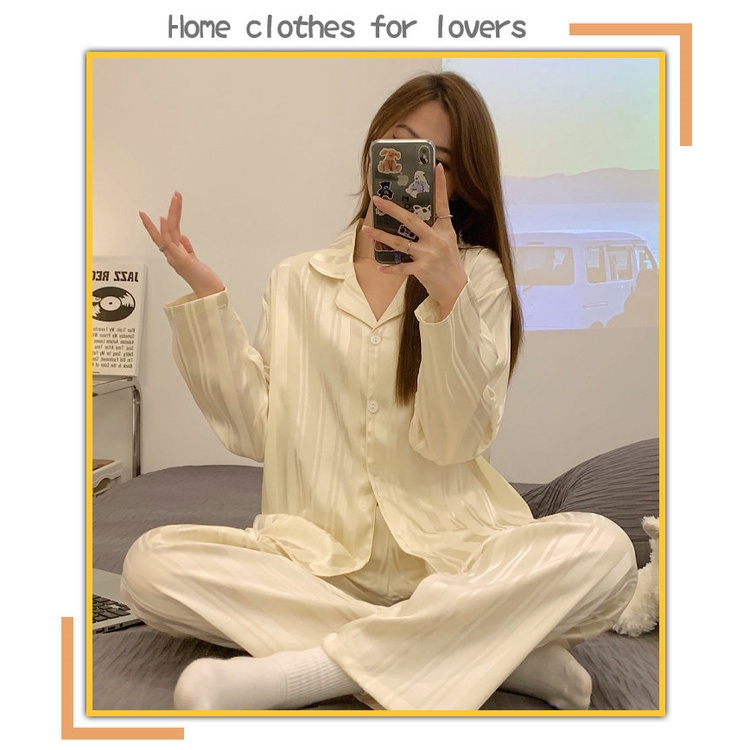 DIDIKA Bộ đồ ngủ dài tay bằng lụa họa tiết sọc phong cách Hàn Quốc cho nữ