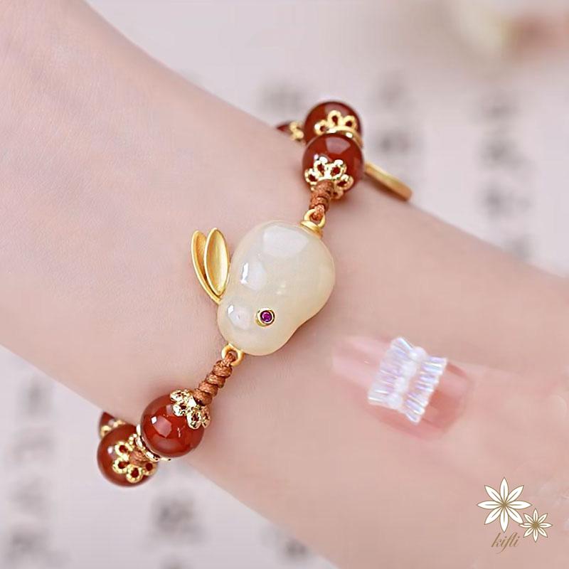 Hetian Yufurui Vòng Tay Bện Dây Đính Hạt Ngọc Bích Hình Thỏ Làm Quà Tặng Cho Bạn Gái