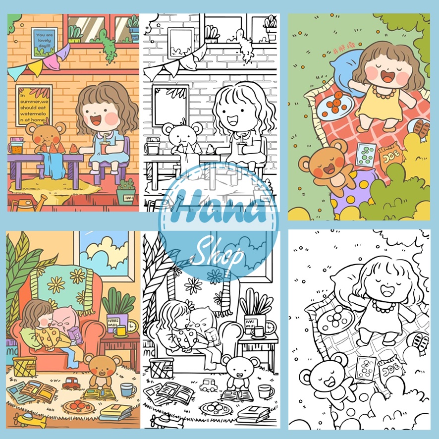 Tranh tô màu "Nấm Lùn ham ăn" 30 tranh, khổ giấy A5 dày kèm Tranh mẫu