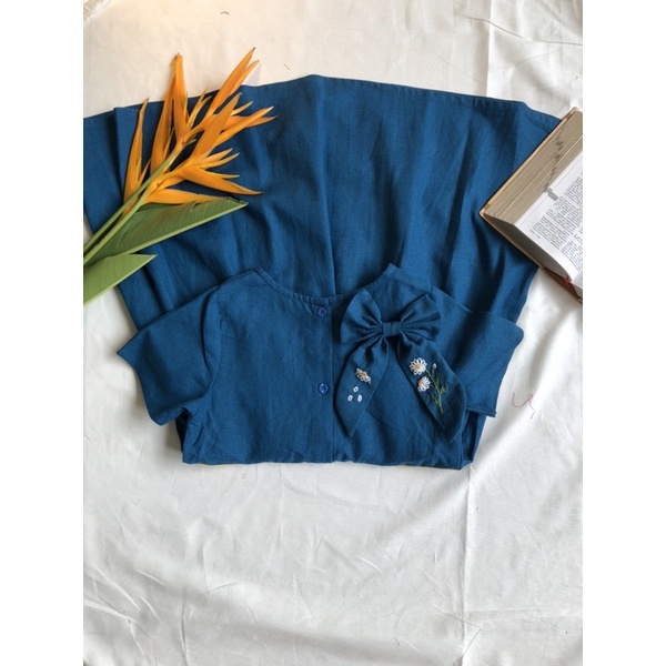Váy xanh bé gái linen dễ thương