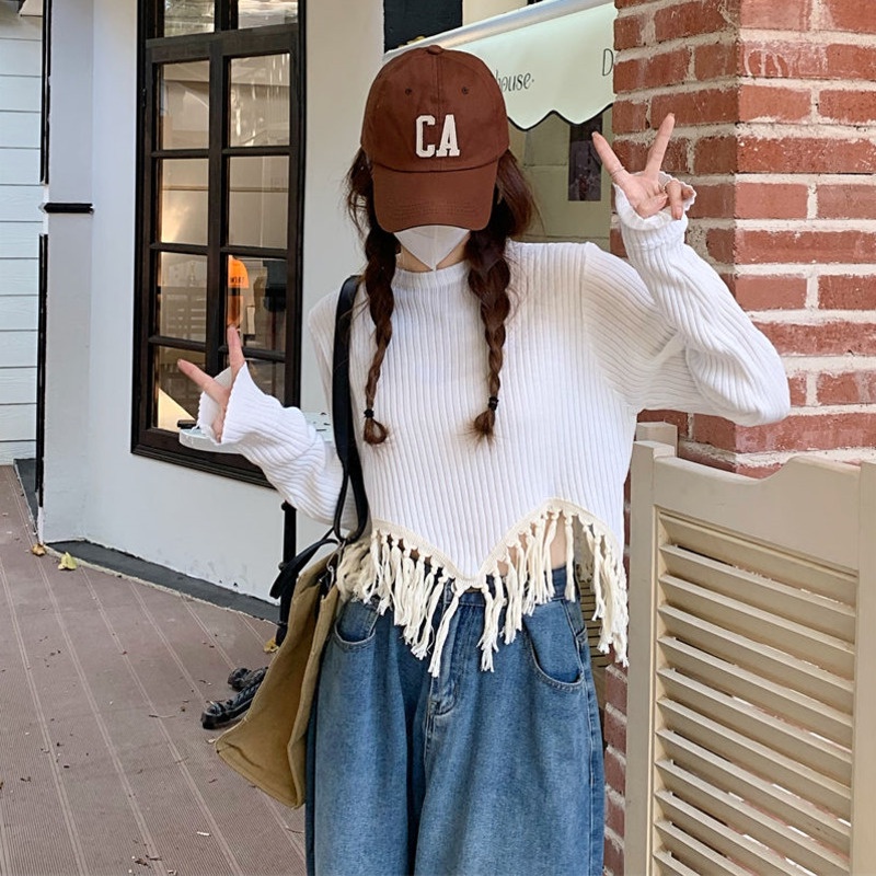 Áo Dệt Kim Dáng Rộng Phối Tua Rua Thời Trang Mùa Thu Hàn Quốc Hàng Mới Dành Cho Bạn Nữ