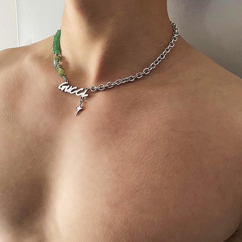 Vòng cổ Thép Titan Đính Đá Ngọc Bích Phong Cách Harajuku Sang Trọng