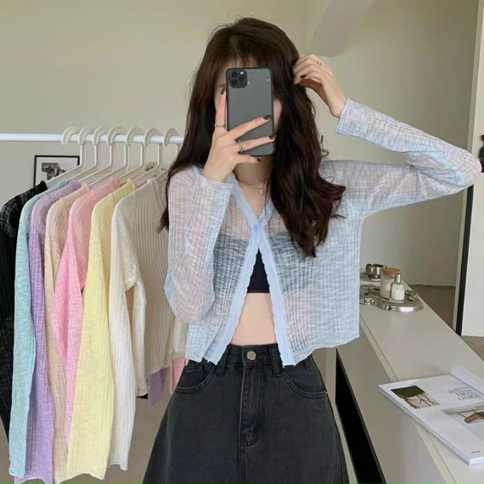 Áo Khoác Voan Lưới Gân Lửng Nút Gài Tay Dài Dáng Rộng Cao Cấp Ulzzang