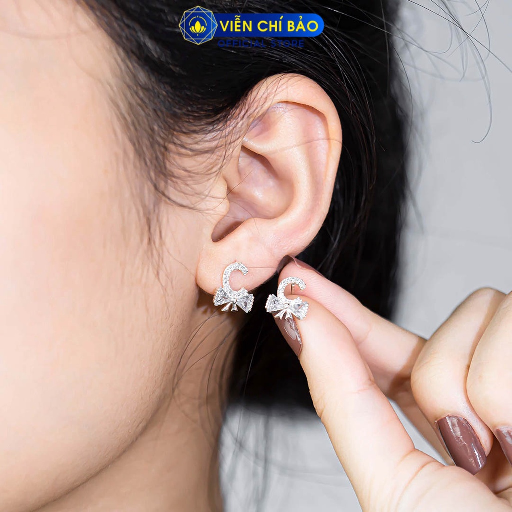 Bông tai bạc nữ hình nơ đính đá chất liệu bạc 925 thời trang phụ kiện trang sức Viễn Chí Bảo B400758