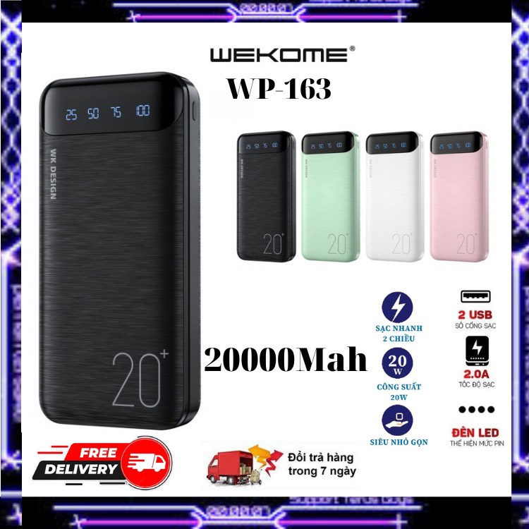 Sạc/Pin Dự Phòng WP-163 20000Mah  Hàng Cao Cấp-Hiển Thị Thông Số Phần Trăm Pin-Tích Hợp Đèn Pin-2 Cổng Sạc BH 6T
