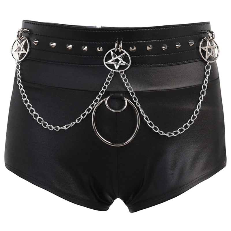 Quần Short Da PU Màu Đen Đính Đinh Tán Phong Cách Punk Gothic Thời Trang Mùa Hè Cho Nữ