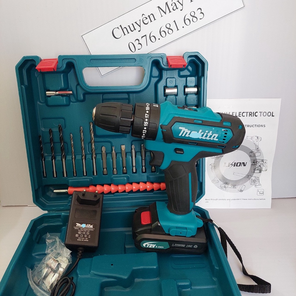 Máy khoan pin 72V Ma.ki ta 3 chức năng có búa - Tặng kèm phụ kiện 24