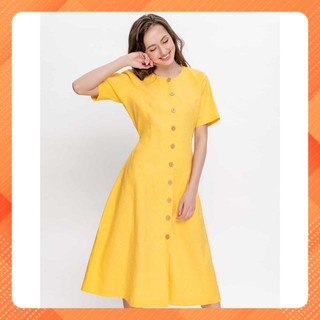 Đầm tay ngắn nữ YV LE & CO vải linen màu vàng hiện đại