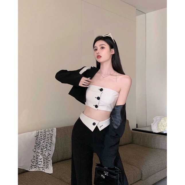SET 3 MÓN PHỐI: KHOÁC VEST CROP TD + ÁO ỐNG PHỐI NÚT + QUẦN SUÔNG🖤