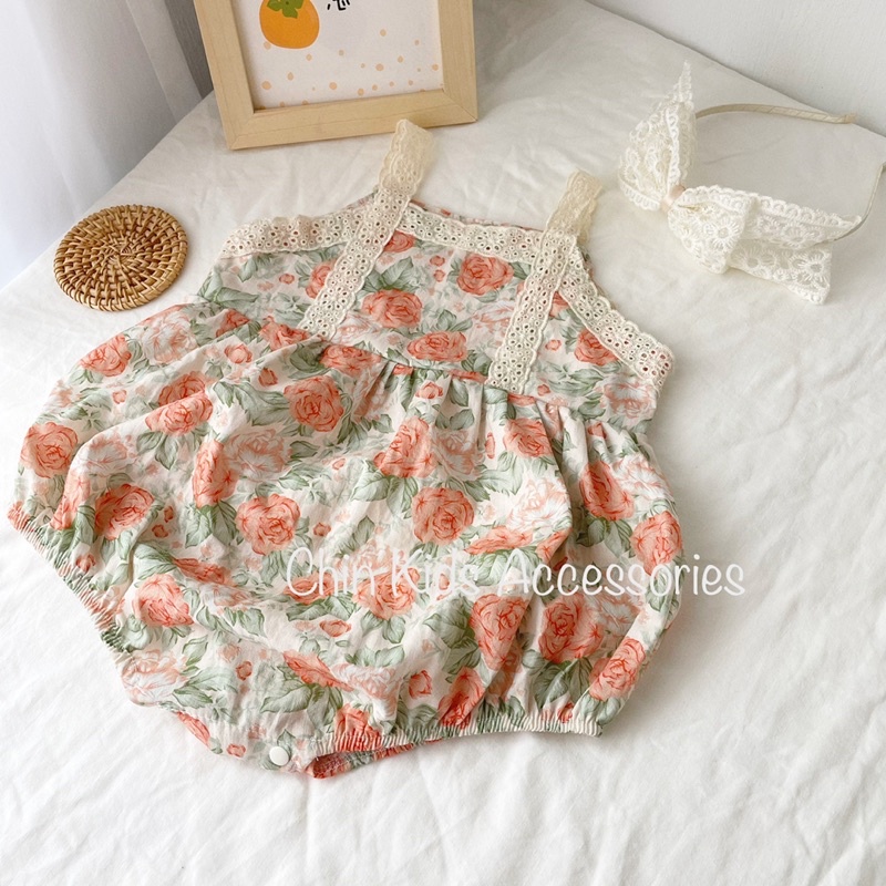 Body hai dây vải thô cotton hoa mix ren