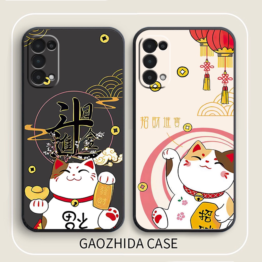 Ốp Lưng Cạnh Vuông, Bảo Vệ Cam. Oppo Reno5 4G / Reno5 Pro Mèo Thần Tài May MẮn