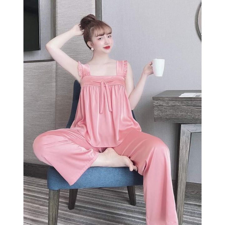 Đồ ngủ sexy quần dài, đồ ngủ nữ 2 dây cánh tiên, bộ ngủ lụa chất satin mềm mịn mát - CN33