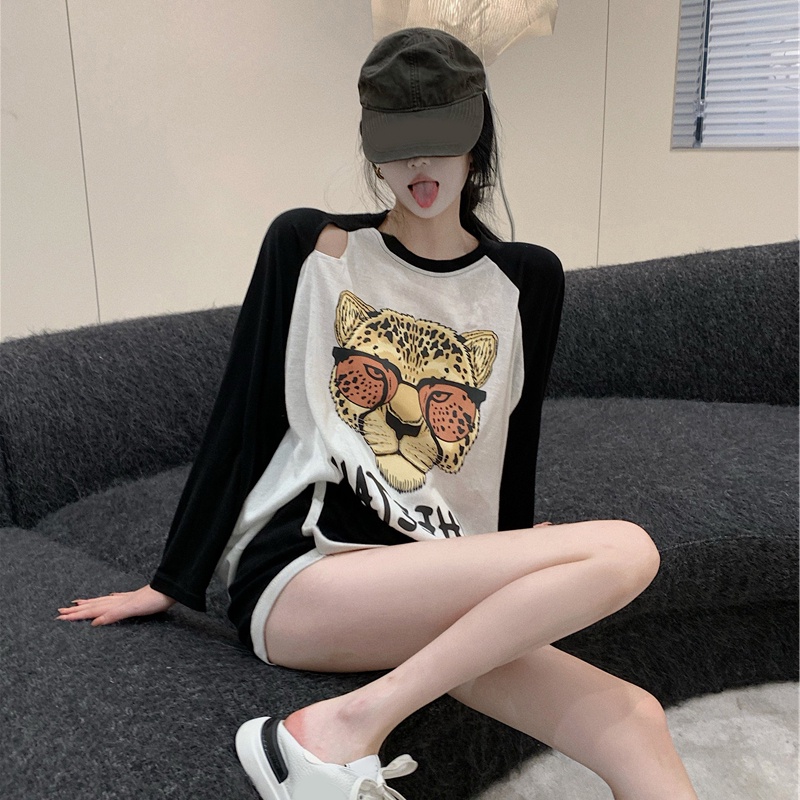 NRVP Áo thun nữ dài tay dáng rộng in hình phong cách Hàn Quốc kiểu