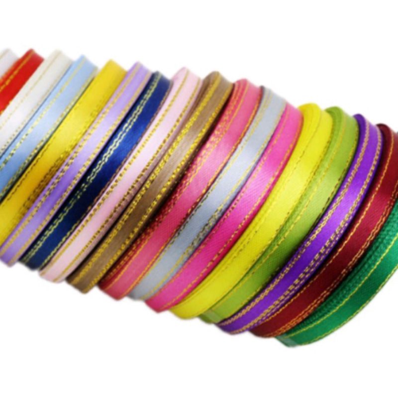 Hoả tốc Cuộn 5 mét ruy băng lụa 0.6cm viền kim tuyến vàng/bạc 2 biên giá 1 mét