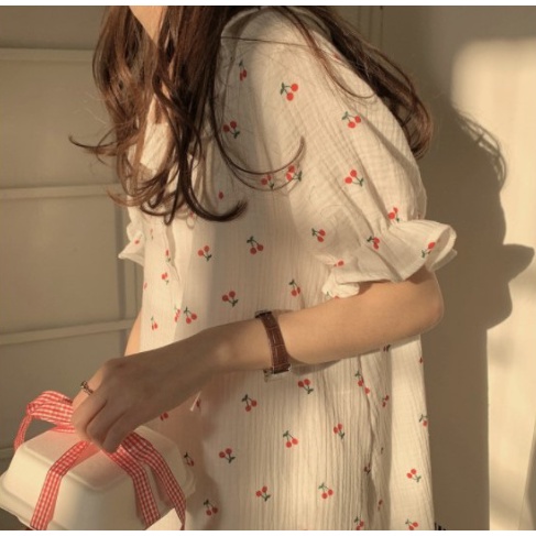 Thanh lý & Pass - Đầm ngủ dài tay thiết kế kiểu vintage, họa tiết in hình cherry nhí siêu đáng yêu new